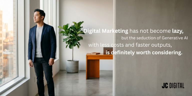 has digital marketing become lazy? the image shows someone in deep thought and looking professional